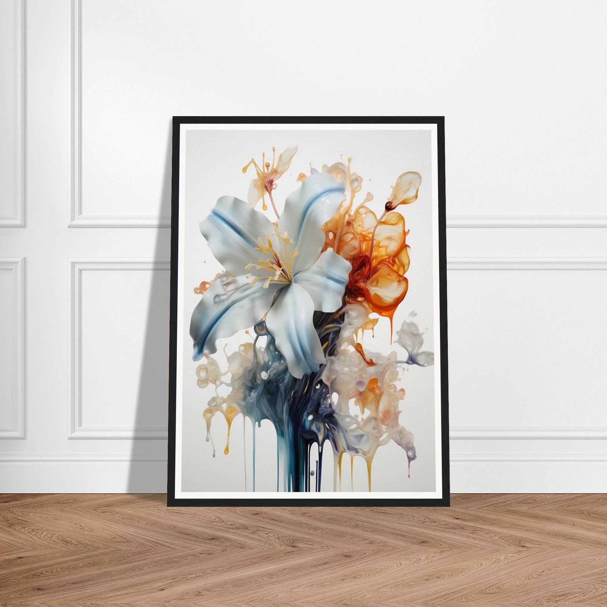 Framed watercolor painting of abstract floral arrangement with soft blue and orange hues.