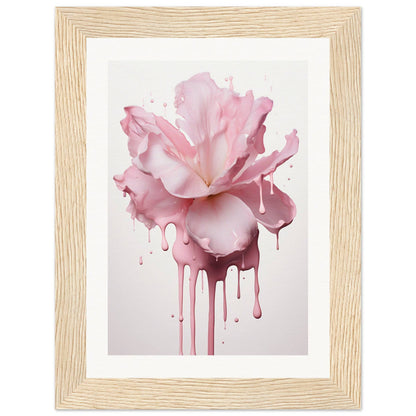 Pink flower with dripping paint effect in a wooden frame.