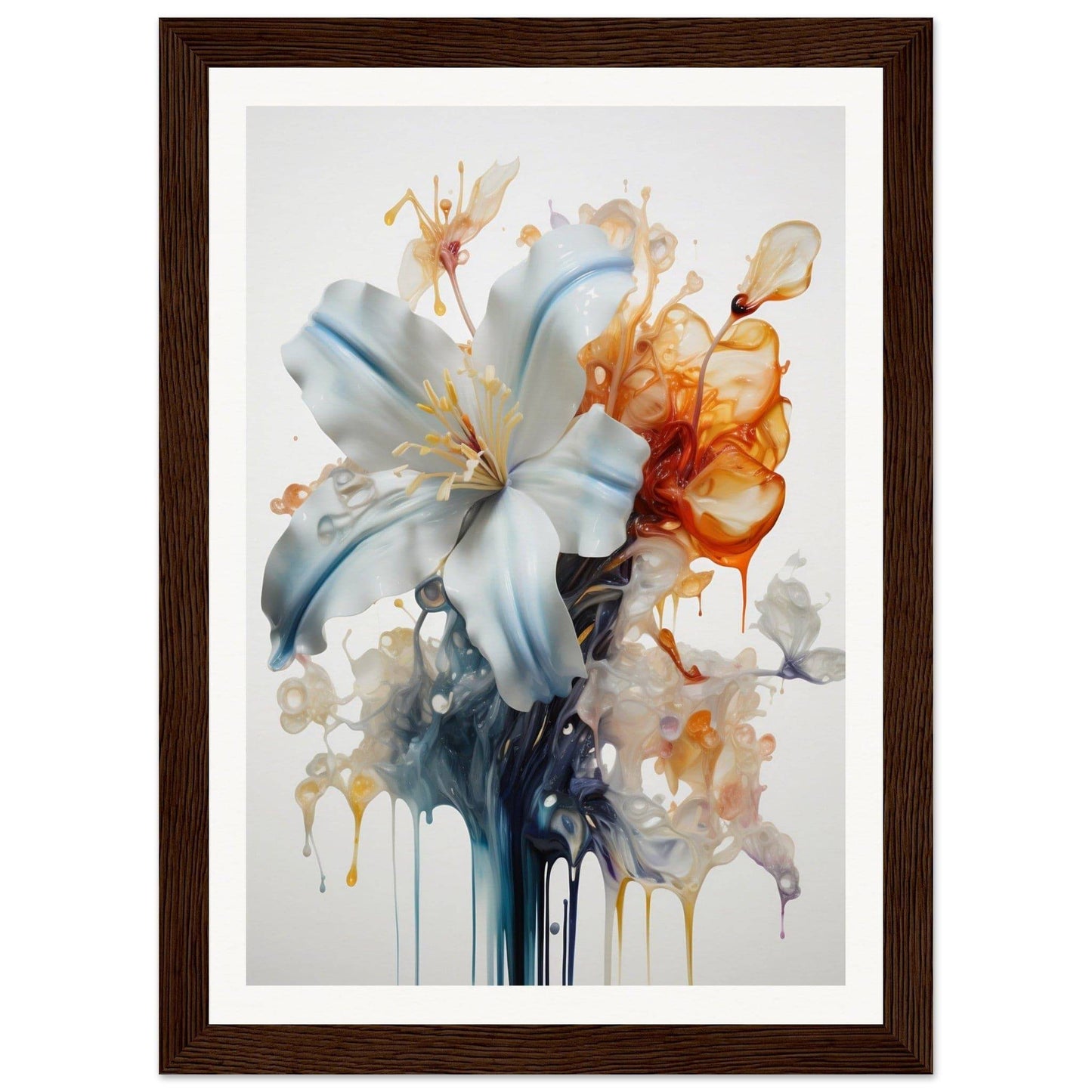 Framed watercolor painting of a lily flower with abstract color splashes and drips.