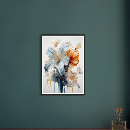 Framed watercolor painting of abstract floral shapes in soft blues and warm oranges.