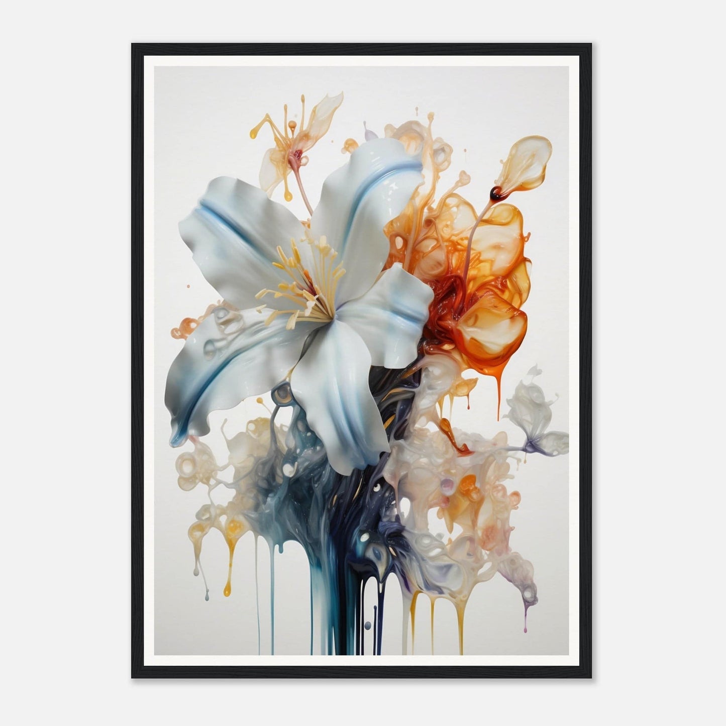 Vibrant watercolor painting of a white lily with abstract orange and blue splashes.