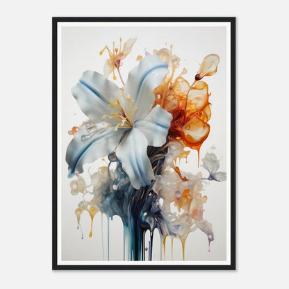 Vibrant watercolor painting of a white lily with abstract orange and blue splashes.