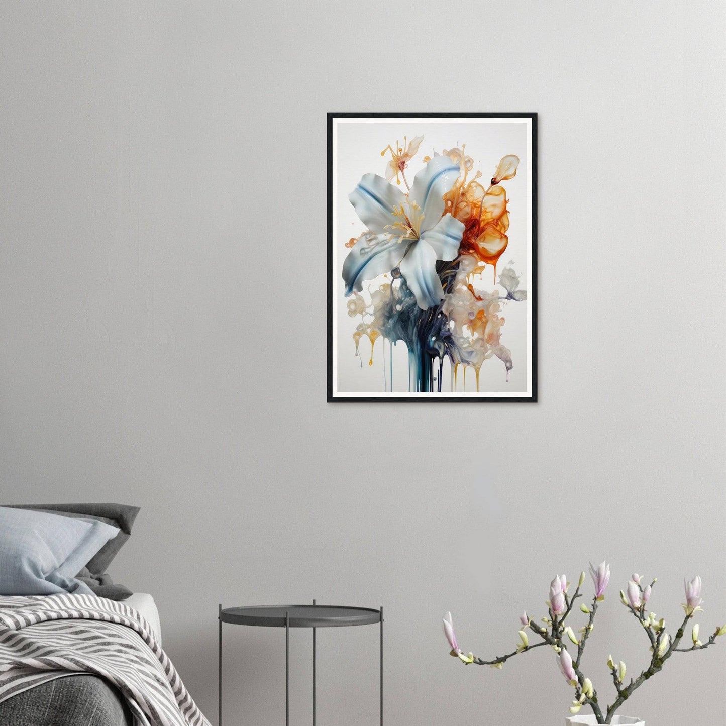 Framed watercolor painting of abstract floral arrangement with white lilies and orange blossoms.