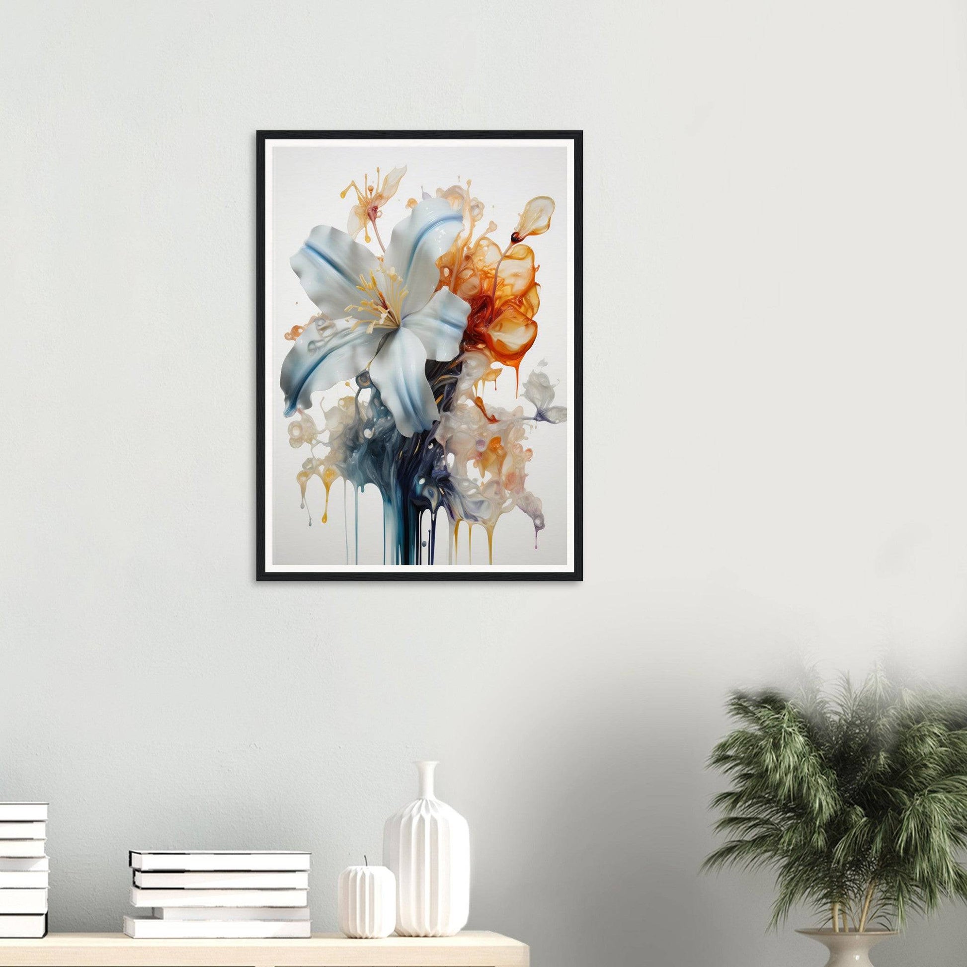 Framed watercolor painting of delicate flowers with dripping paint effects.