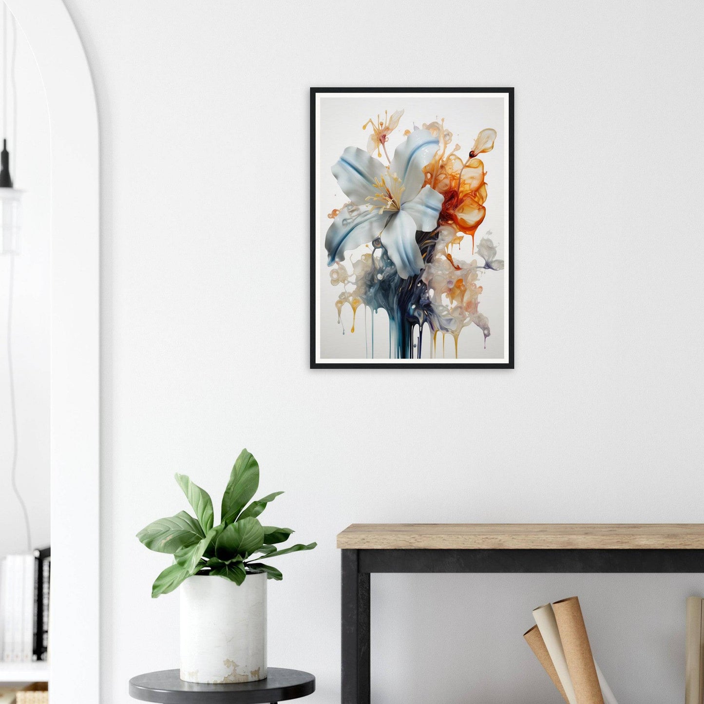 Framed watercolor painting of vibrant flowers with dripping paint effects.