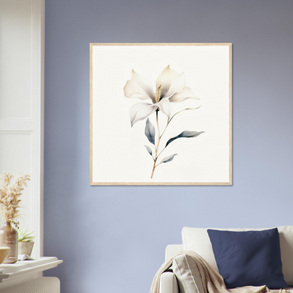 Framed watercolor painting of a delicate white lily flower.