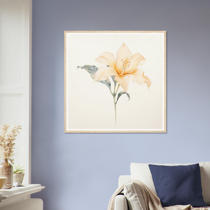 Framed watercolor painting of a delicate lily flower with soft peach petals and green stem.