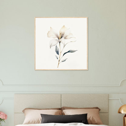 Framed watercolor painting of a delicate white lily flower with leaves.