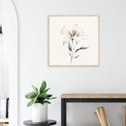 Framed watercolor painting of a delicate white flower with leaves.