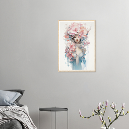 Framed watercolor painting of a woman with floral elements in her hair and around her face.