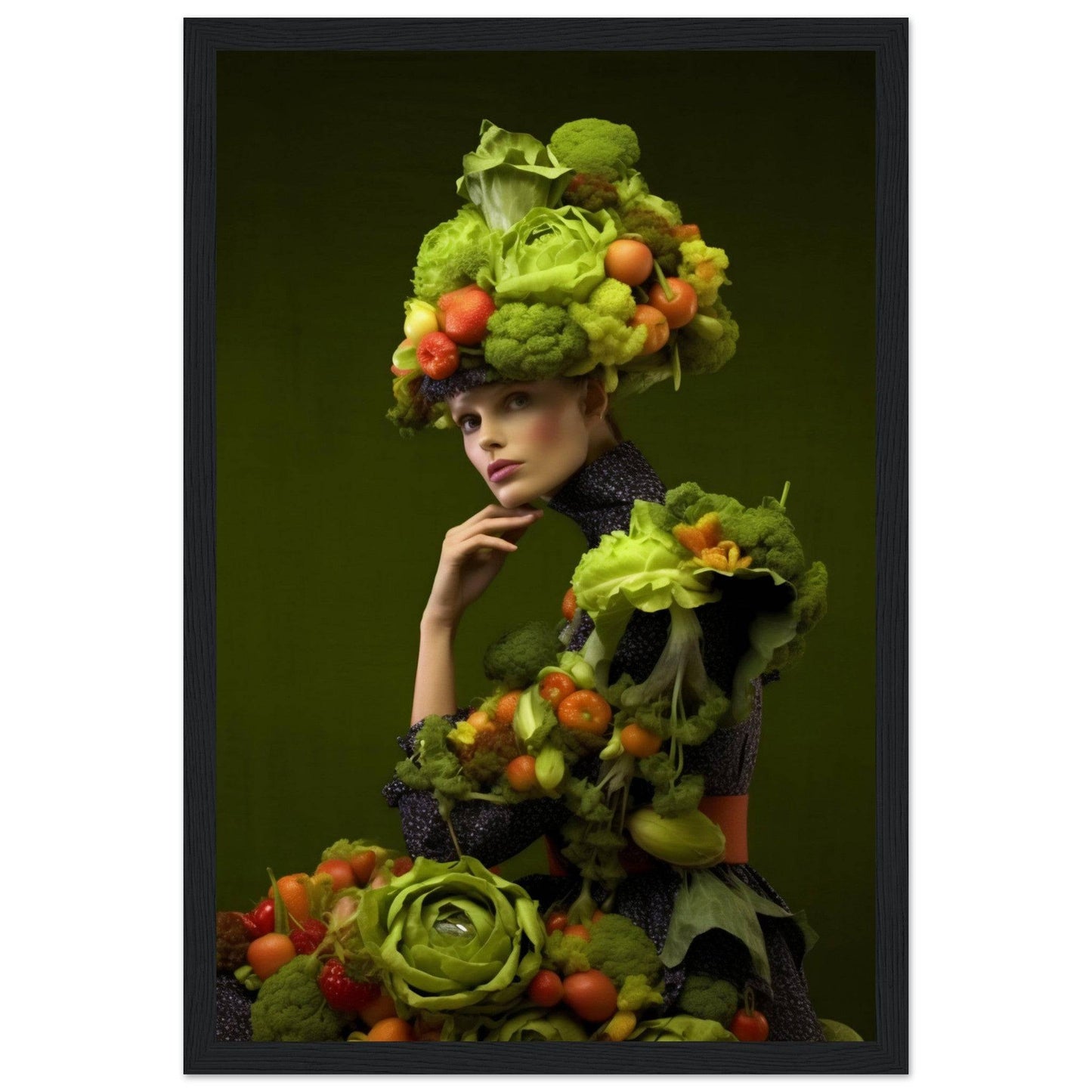 Person wearing an elaborate costume made entirely of fruits and vegetables, including a hat-like structure on their head.