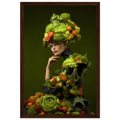 Person wearing an elaborate costume and headdress made entirely of fruits and vegetables.