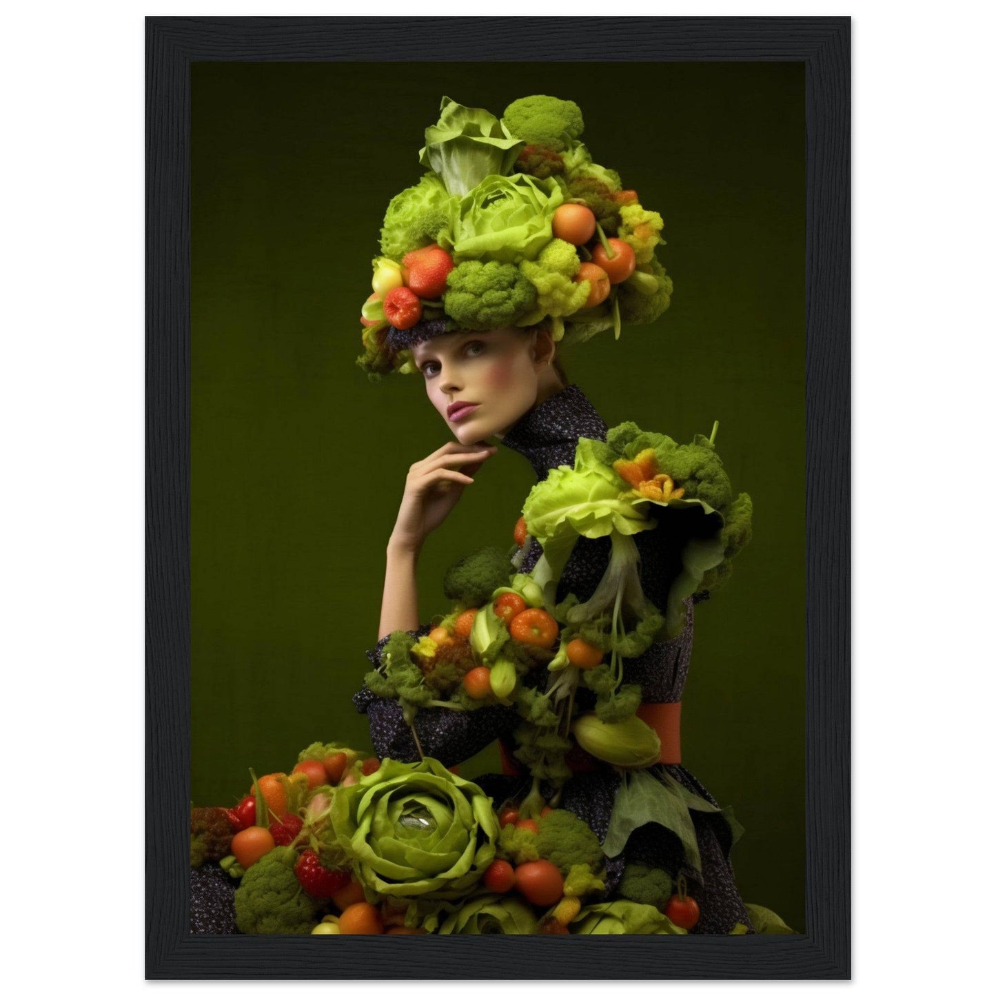 Artistic portrait featuring a person adorned with an elaborate headdress and outfit made entirely of fresh fruits and vegetables.