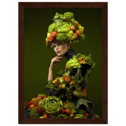 Artistic portrait featuring a person adorned with an elaborate arrangement of fruits and vegetables.