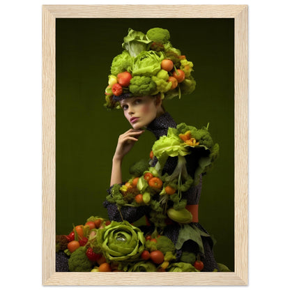 Artistic portrait featuring a person adorned with an elaborate costume and headdress made entirely of fresh vegetables and fruits.