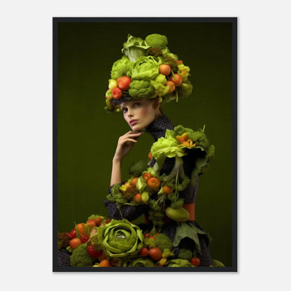 Woman wearing an elaborate costume and headdress made entirely of vegetables and fruits.