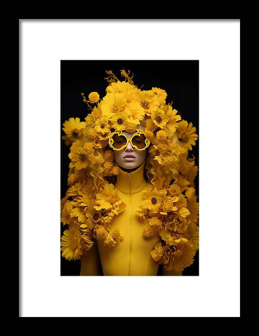 Figure adorned entirely in vibrant yellow sunflowers and wearing round sunglasses.