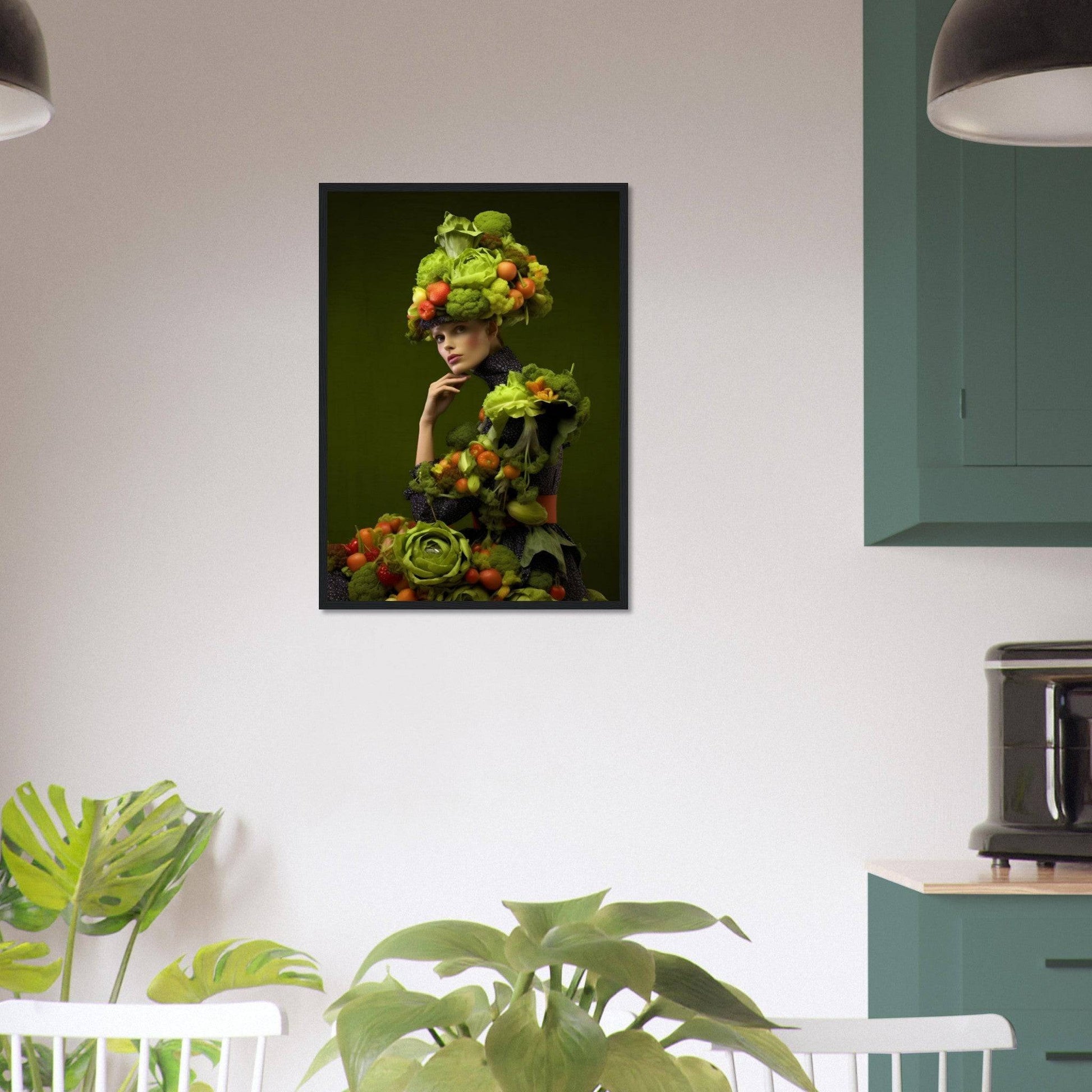 Colorful portrait of a figure adorned with fruits and vegetables.