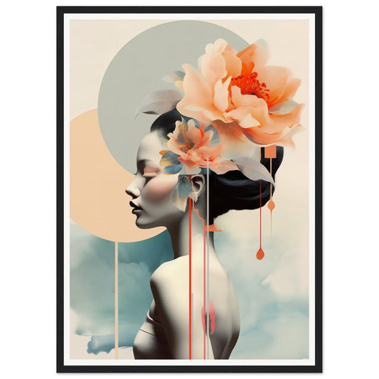 Surreal portrait blending a woman’s profile with blooming flowers and abstract geometric shapes.