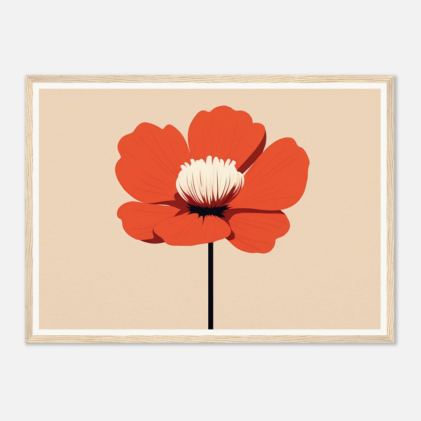 Vibrant red poppy flower with a white center on a slender stem.