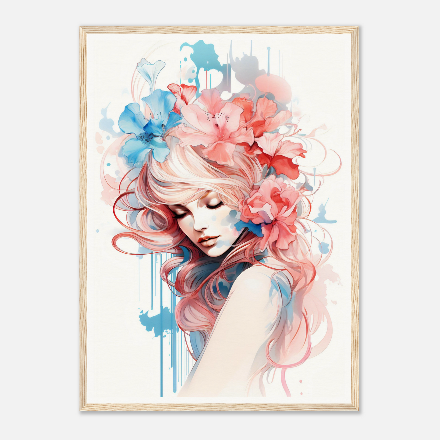 Artistic portrait of a woman with flowing pink hair adorned with blue and red floral elements.