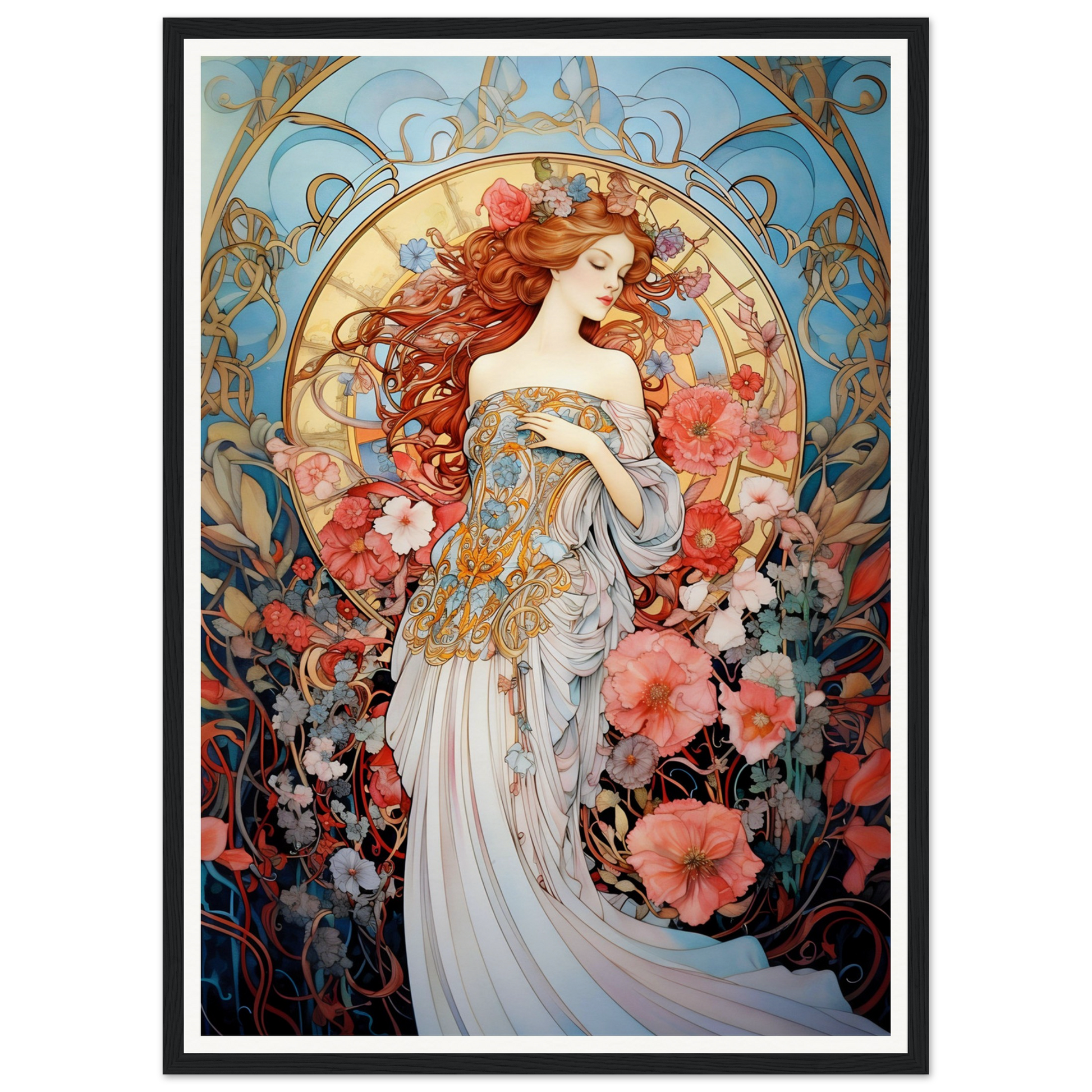 Art Nouveau-style painting of a woman with flowing red hair surrounded by floral motifs and decorative elements.
