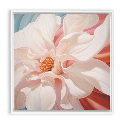 Close-up painting of a delicate pink and white magnolia flower in bloom.