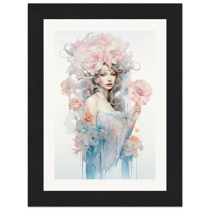 Framed watercolor painting of an ethereal feminine figure with flowing hair surrounded by soft floral elements.