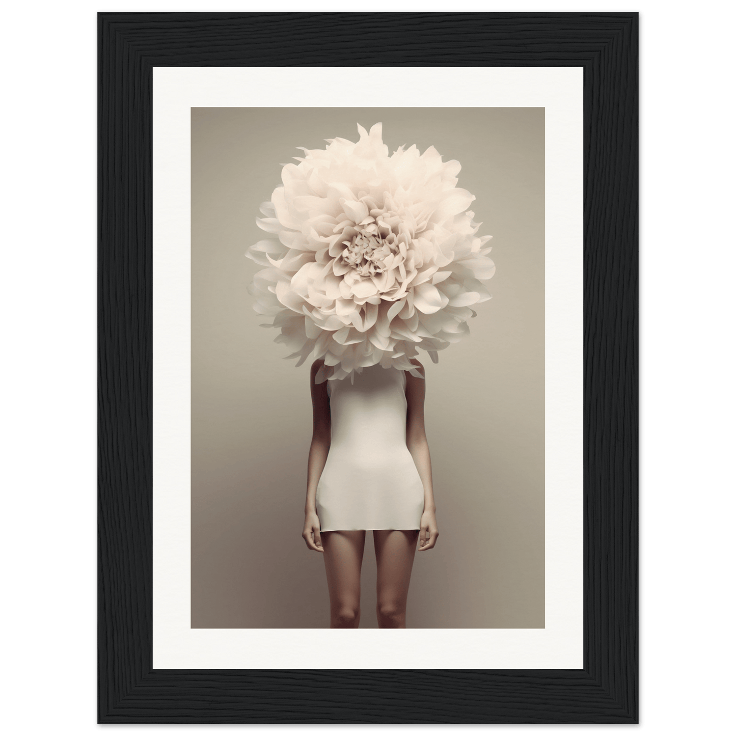 A person wearing a white mini dress with an oversized white flower obscuring their head and upper body.