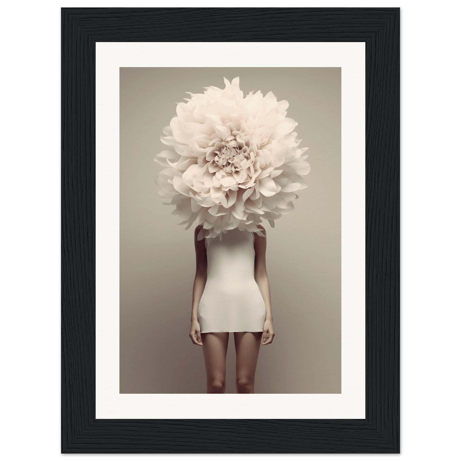 A person wearing a white mini dress with an oversized white flower obscuring their head and upper body.