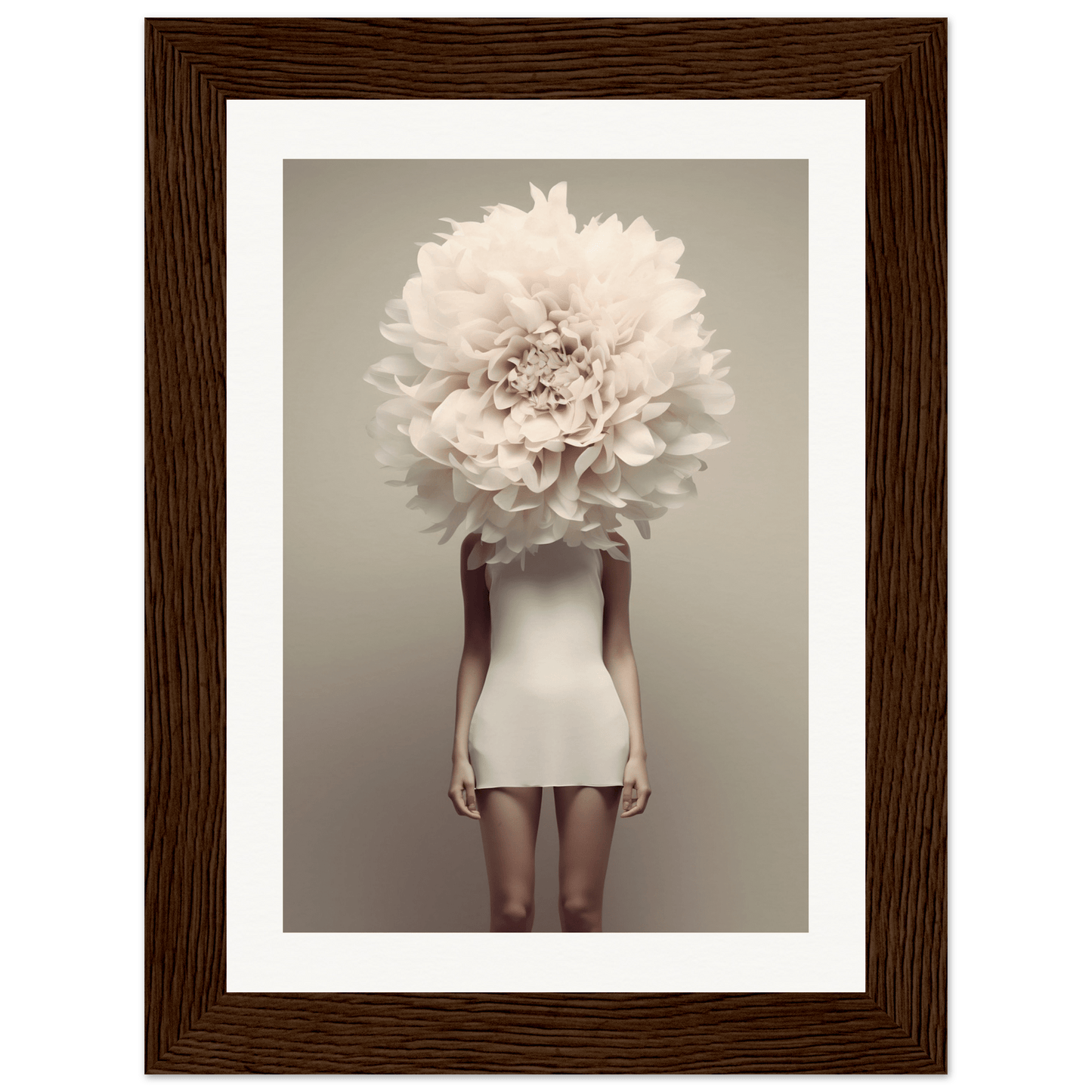 A figure wearing a white mini dress with an oversized white flower bloom obscuring the head.