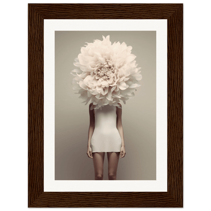 A figure wearing a white mini dress with an oversized white flower bloom obscuring the head.