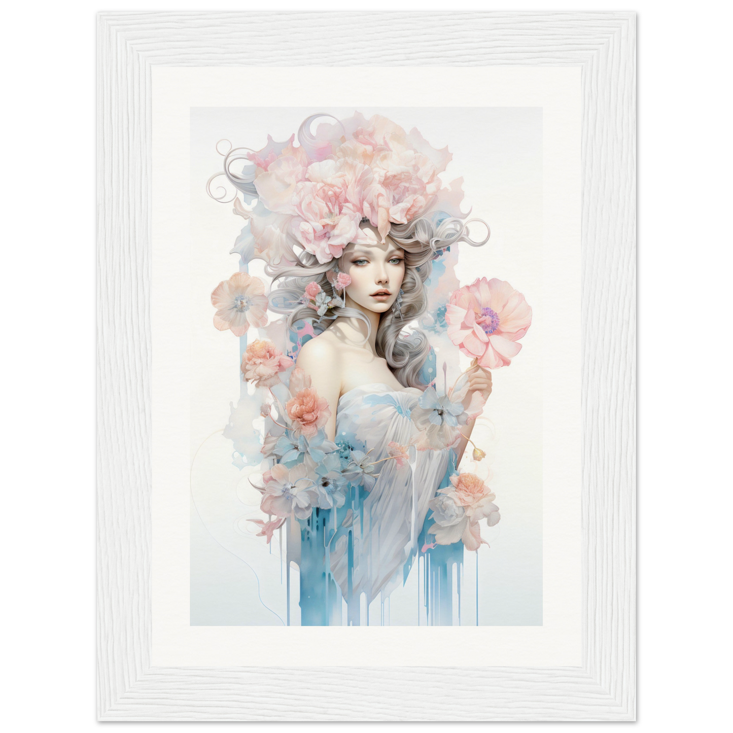 Ethereal watercolor-style portrait of a woman with flowing hair adorned with delicate flowers.