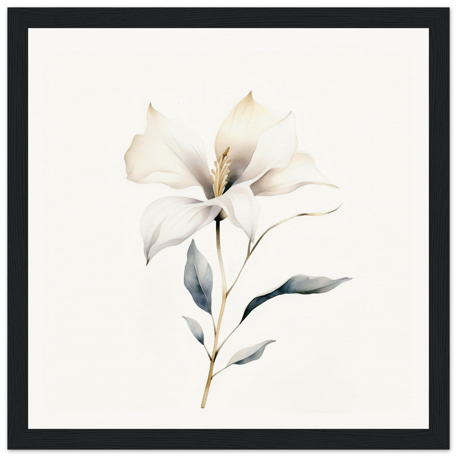 Delicate white lily flower with soft, watercolor-style petals and leaves.