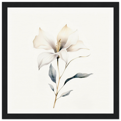 Delicate white lily flower with soft, watercolor-style petals and leaves.