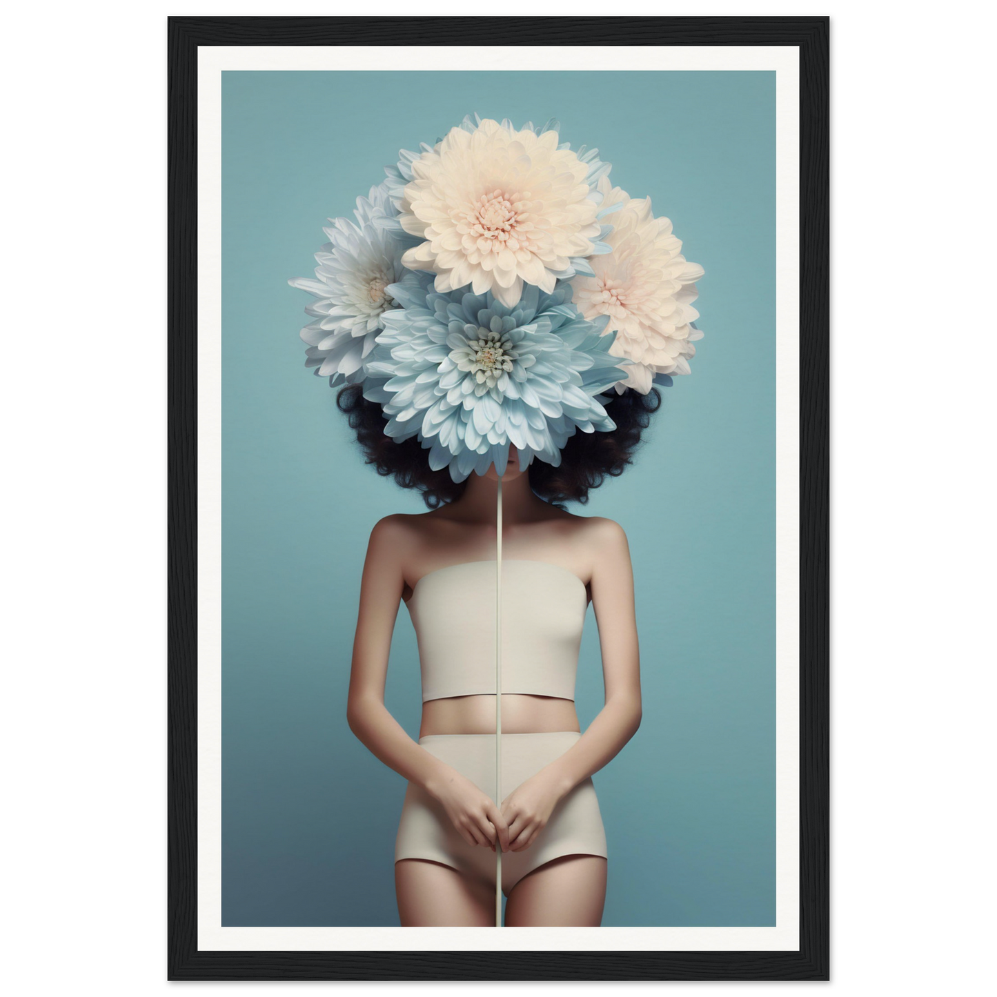 Surreal portrait of a figure with giant white flowers obscuring their head and face.