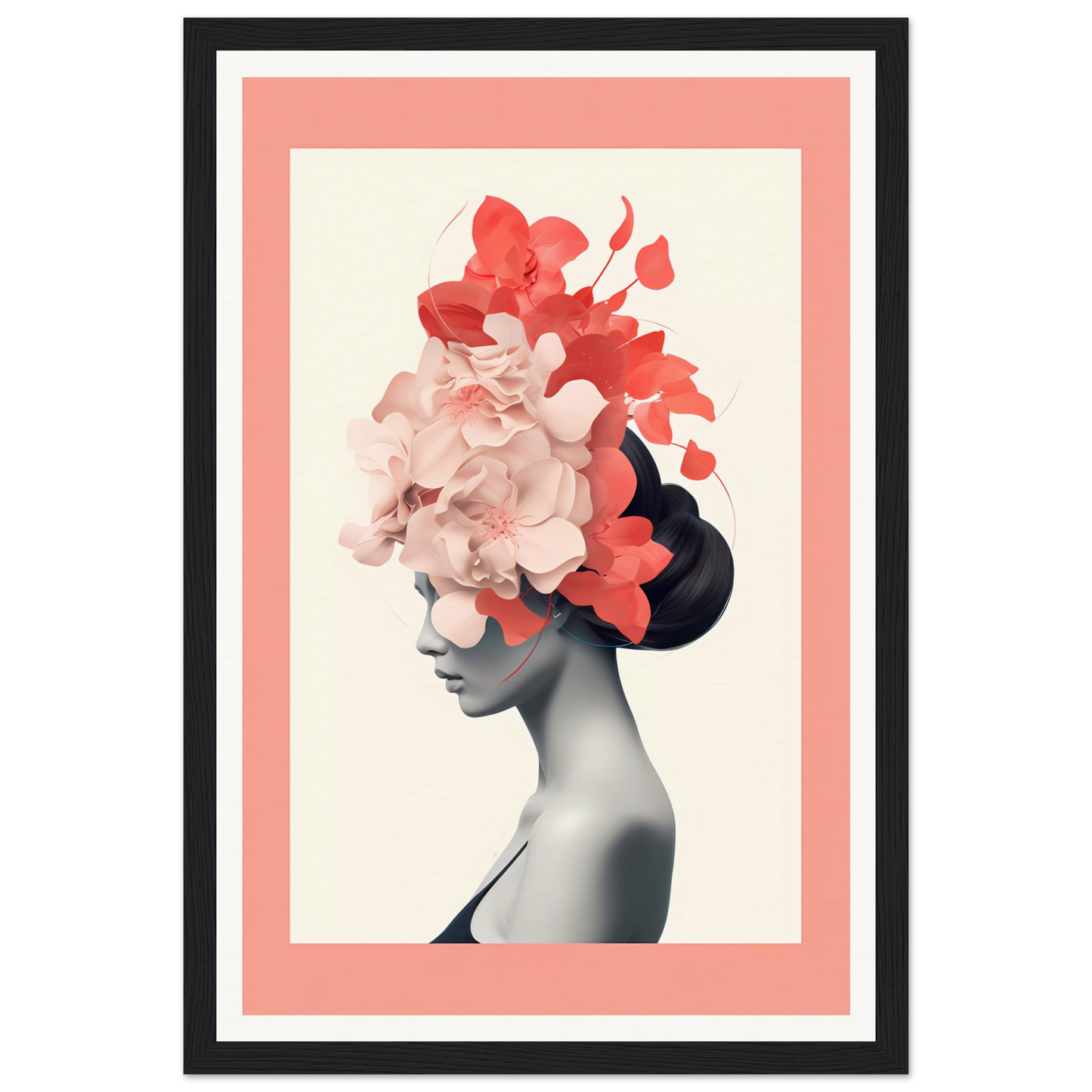 Silhouette of a woman’s head and shoulders adorned with vibrant red and pink floral elements.