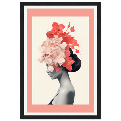 Silhouette of a woman’s head and shoulders adorned with vibrant red and pink floral elements.