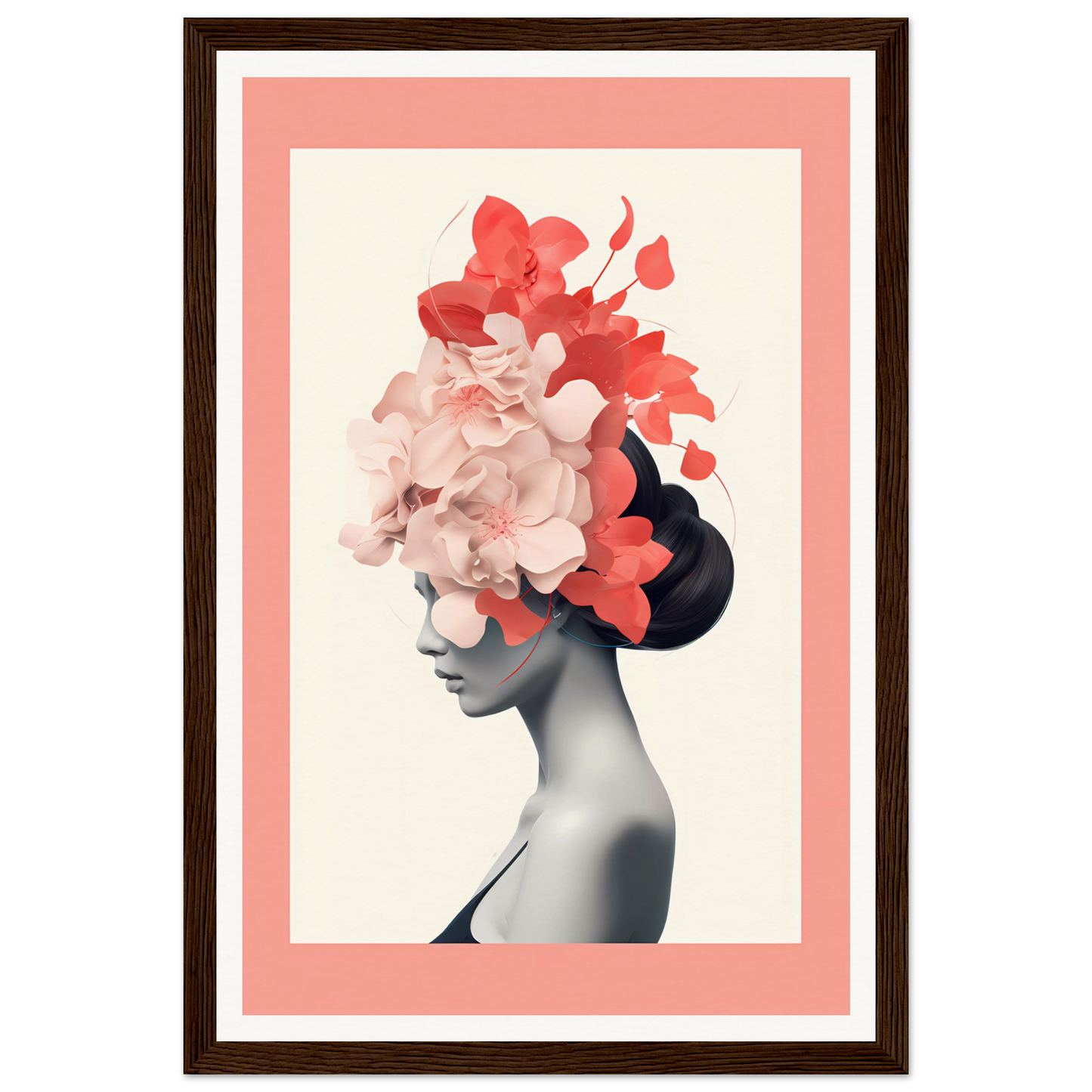 Artistic portrait of a woman with vibrant floral elements replacing her hair.