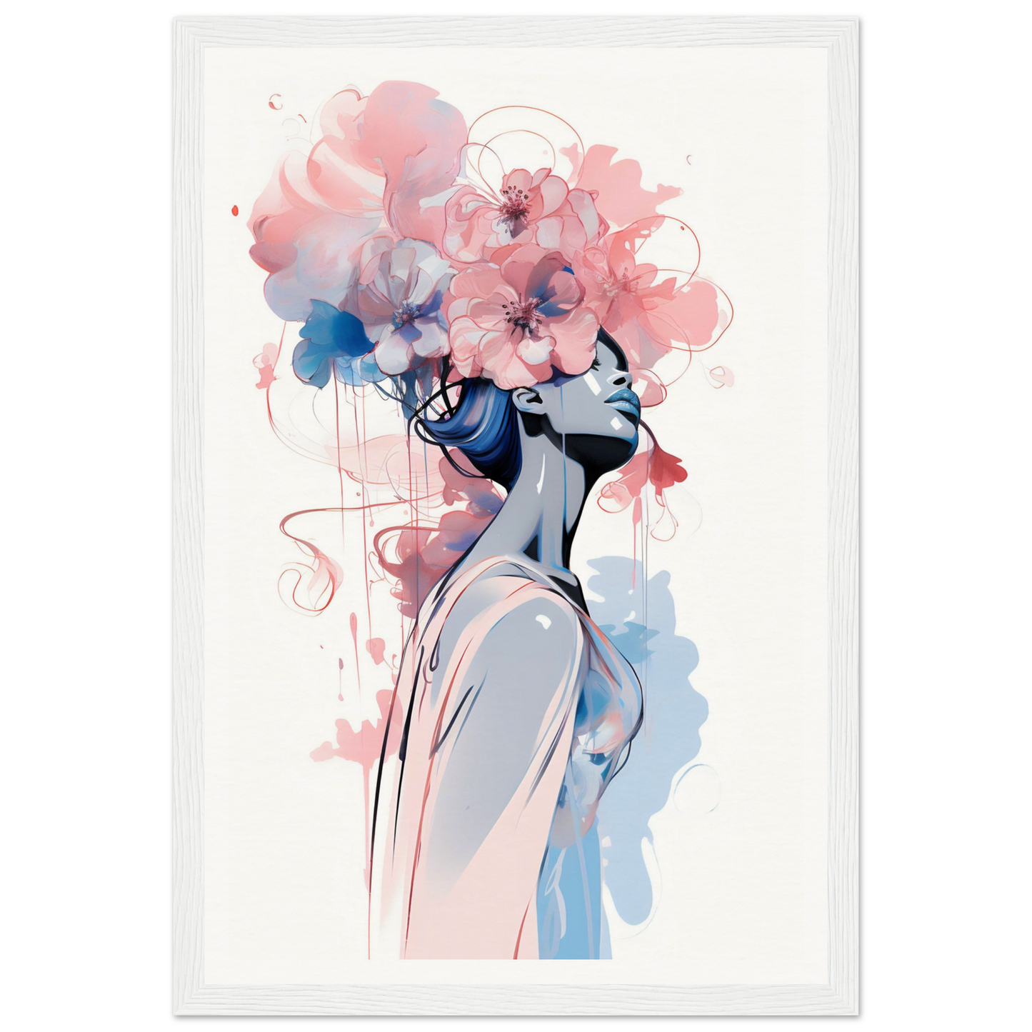 Stylized watercolor portrait of a figure with a floral headdress.