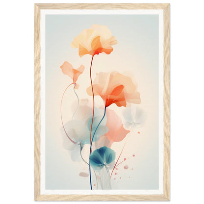 Delicate watercolor painting of abstract flowers with soft orange petals and blue accents.