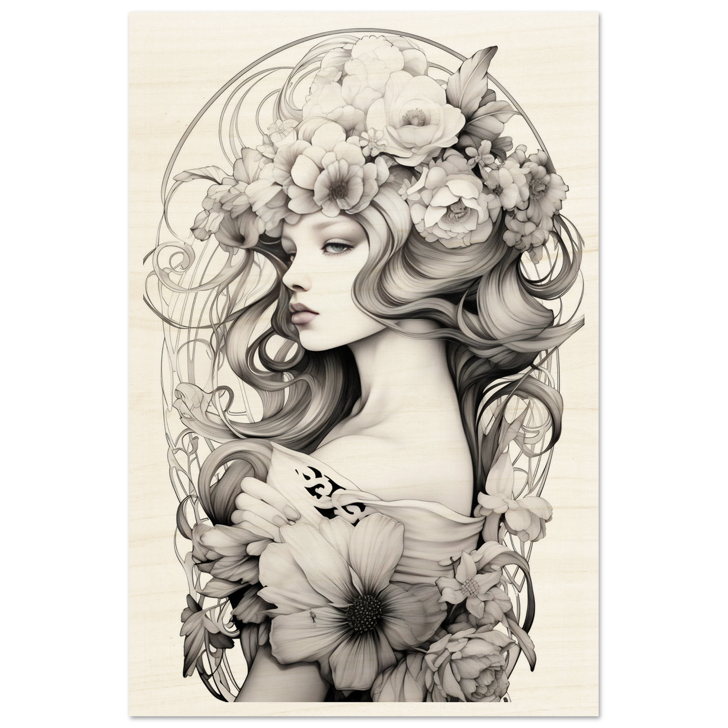 Intricate black and white illustration of a woman adorned with flowing hair and floral elements in an Art Nouveau style.