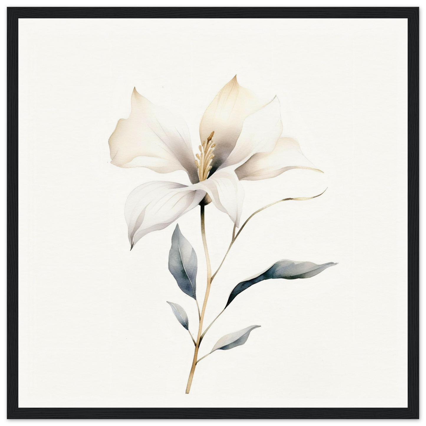 Delicate white flower with soft petals and subtle green leaves on a slender stem.