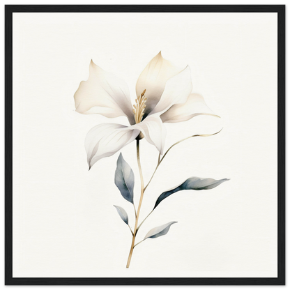 Delicate white flower with soft petals and subtle green leaves on a slender stem.