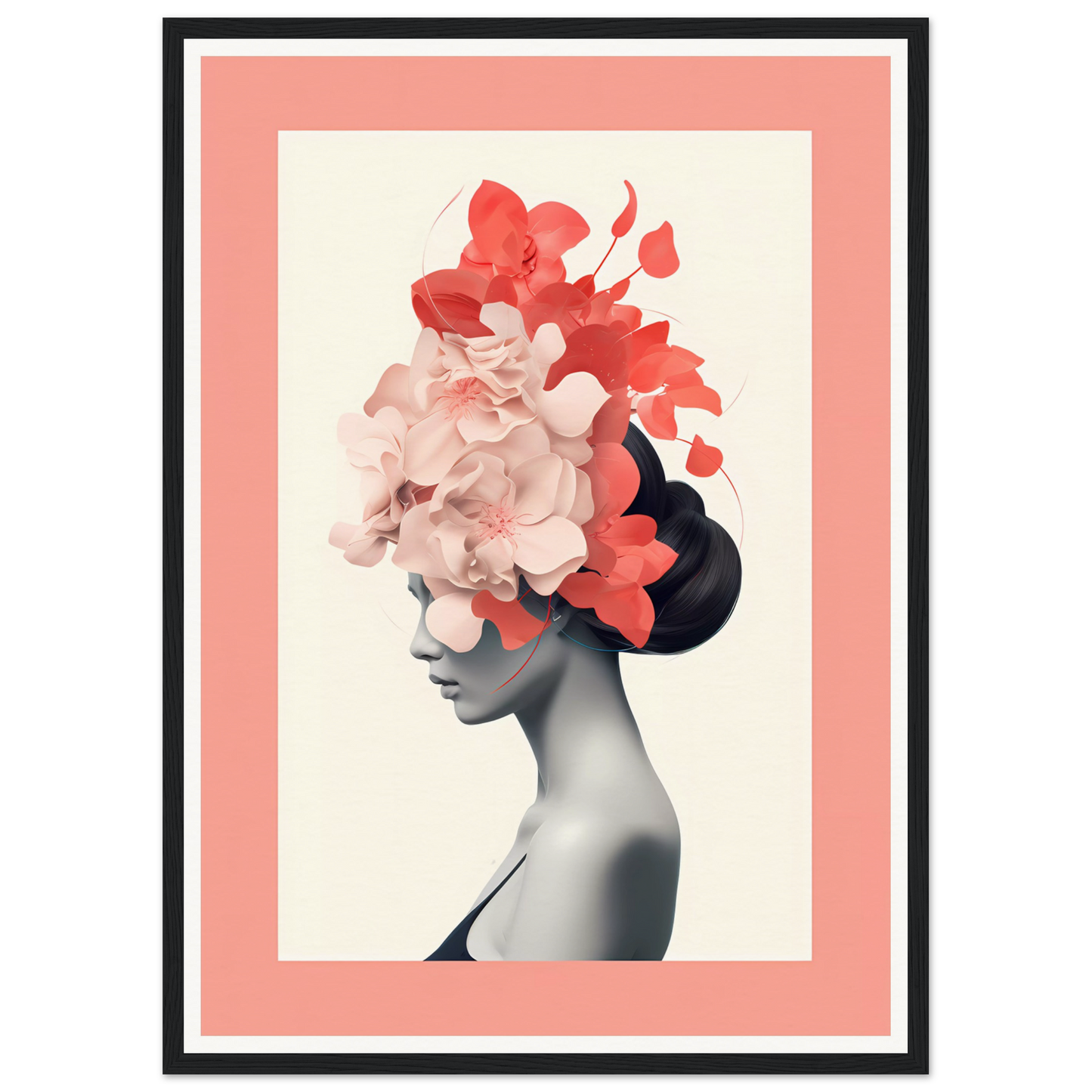 Artistic portrait featuring a silhouette adorned with vibrant floral elements in shades of coral and pink.