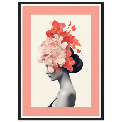 Artistic portrait featuring a silhouette adorned with vibrant floral elements in shades of coral and pink.