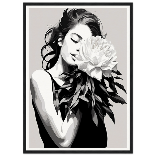 Black and white portrait of a woman holding a large peony flower that partially obscures her face.