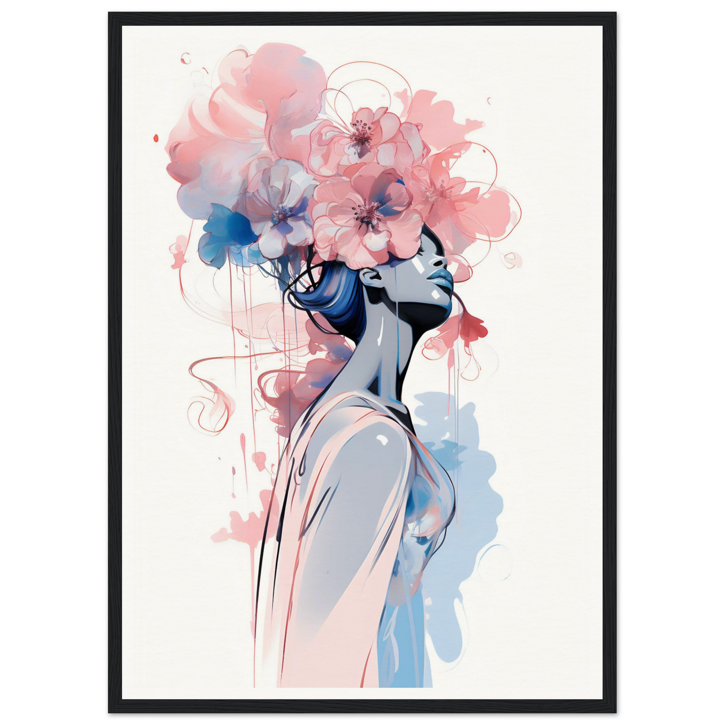 Artistic portrait of a figure with floral elements forming their hair and head in soft pink and blue watercolor tones.