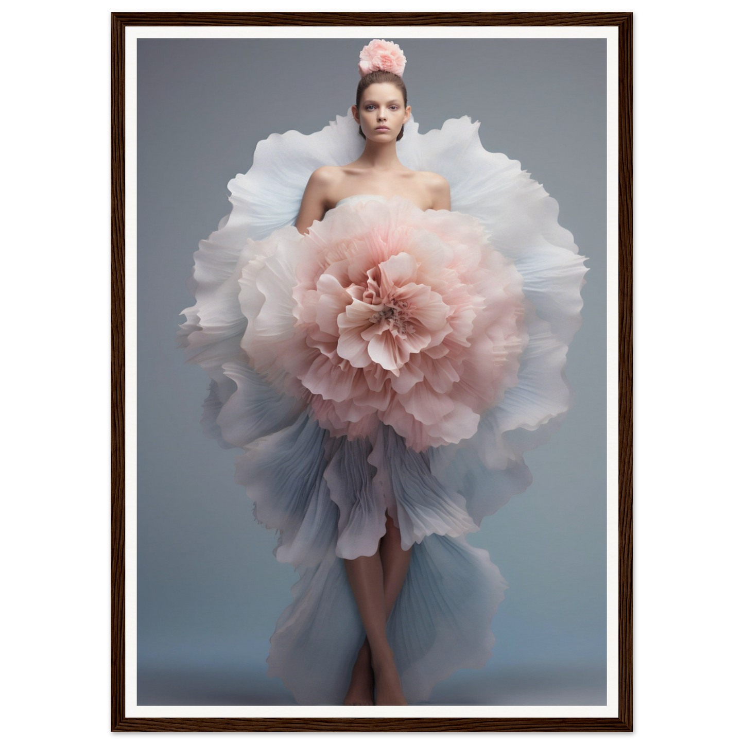 Woman wearing an extravagant dress resembling a giant pink and white flower.