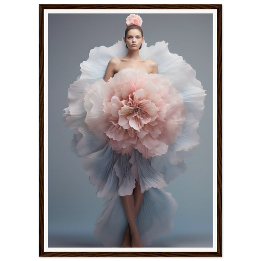 Woman wearing an extravagant dress resembling a giant pink and white flower.